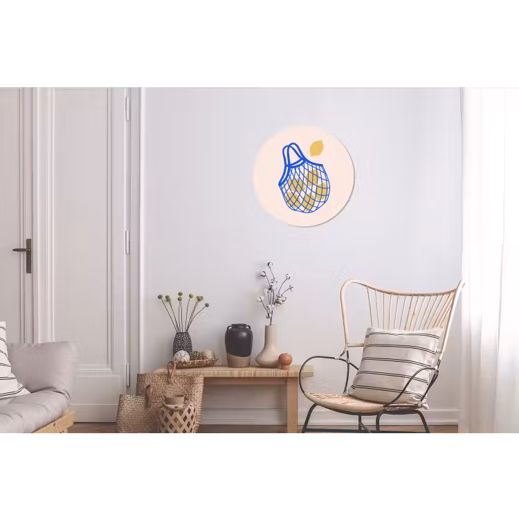 Eten - Citroen - Boodschappen - Abstract - Geel - Blauw Wandcirkel aluminium klein -woonkamer