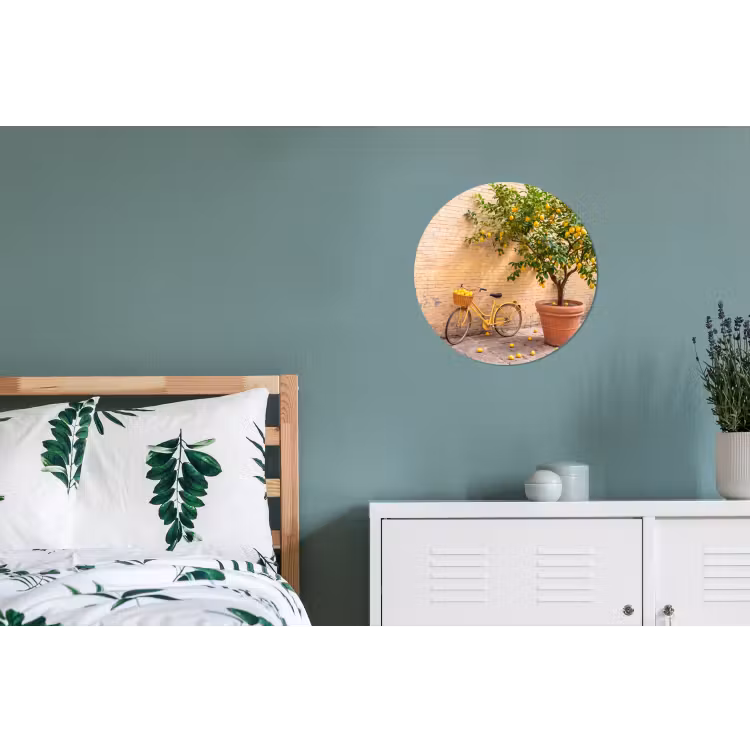 Fiets - Mand - Eten - Geel - Zomer Wandcirkel aluminium klein -slaapkamer
