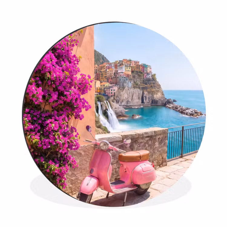 Voertuig - Roze - Kust - Zomer - Reizen Wandcirkel aluminium klein -3d