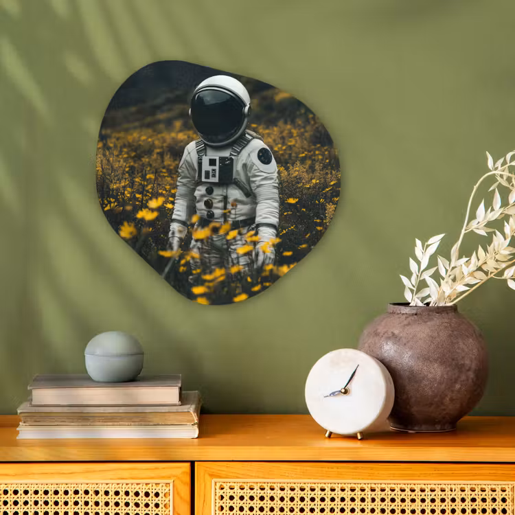 Astronaut - Bloemen - Veld - Geel Wandcirkel Organisch Forex 3mm klein -sfeer2