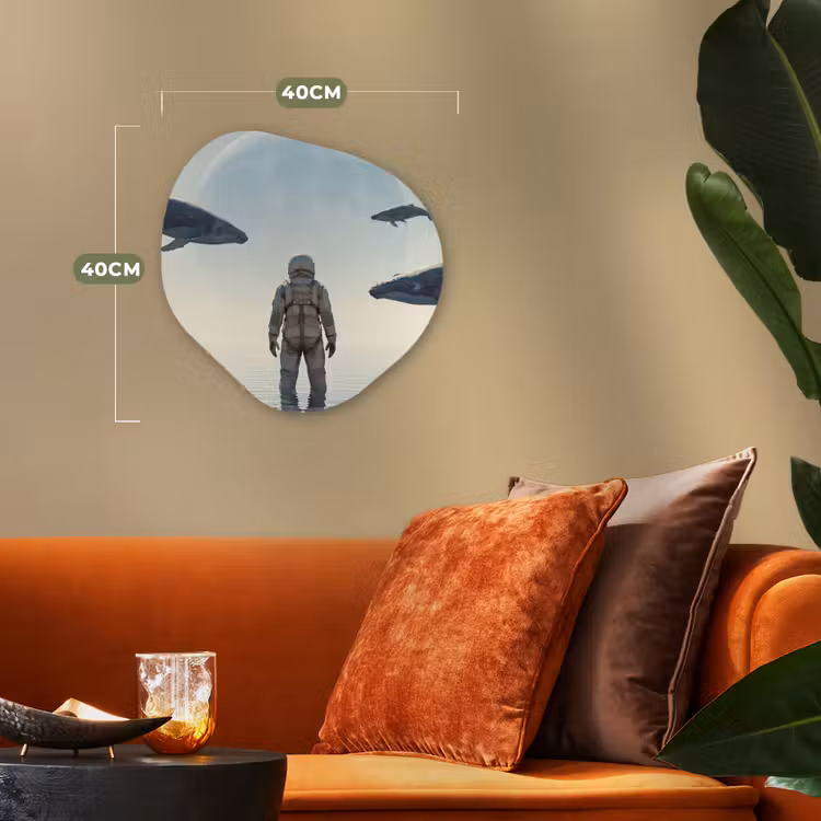 Forexbild Organische Form - Astronaut – Wal – Fantasie - Ruimtevaarder - Walvis - Fantasie Wandcirkel Organisch Forex 3mm klein