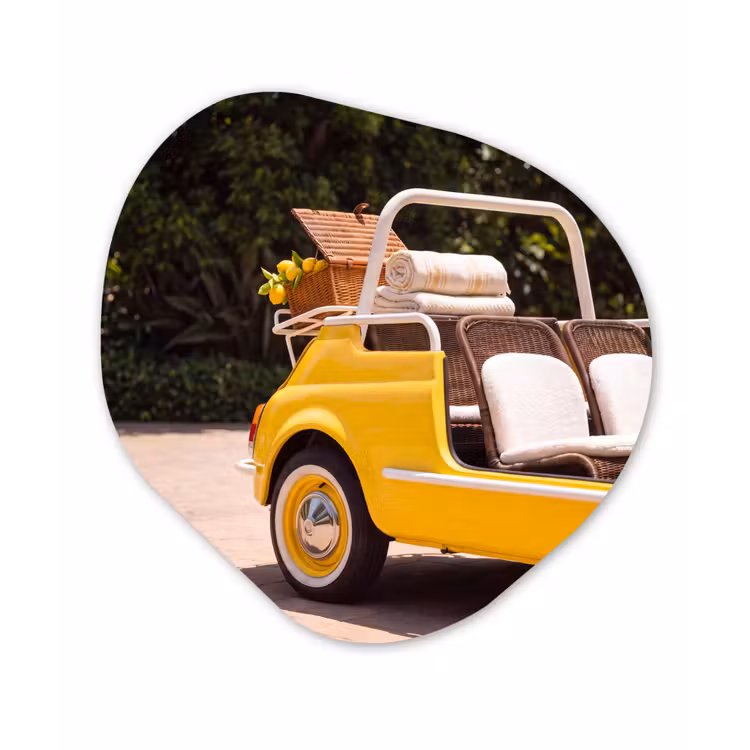 Auto - Picknick - Zomer - Geel Wandcirkel Organisch Forex 3mm klein -3d