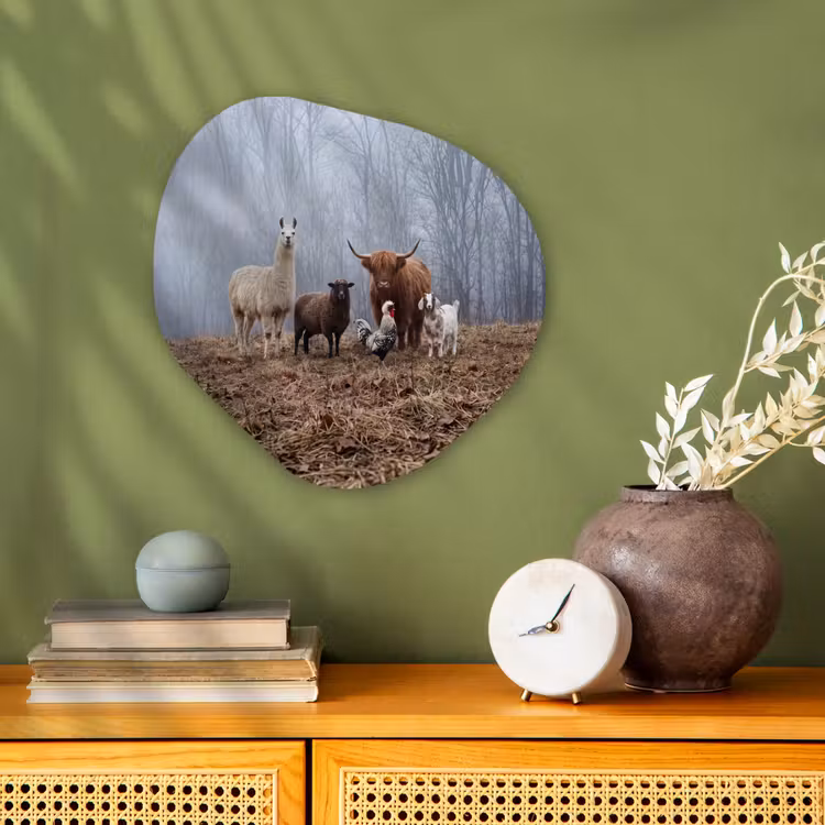 Boerderijdieren - Groep - Mist - Natuur - Rustiek Wandcirkel Organisch Forex 3mm klein -sfeer2
