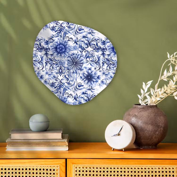 Bloemen - Blauw - Patroon - Wit Wandcirkel Organisch Forex 3mm klein 629 -sfeer2