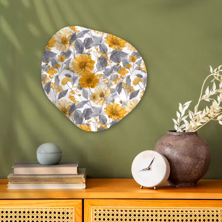 Bloemen - Botanisch - Elegant - Okergeel - Grijs Wandcirkel Organisch Forex 3mm klein 629 -sfeer2