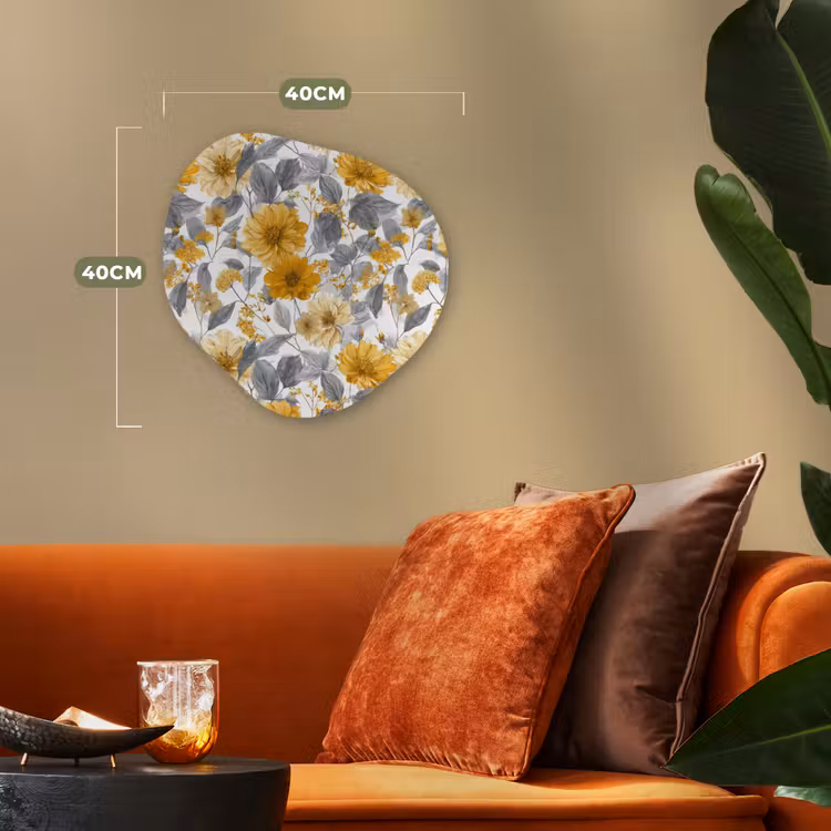 Bloemen - Botanisch - Elegant - Okergeel - Grijs Wandcirkel Organisch Forex 3mm klein 629 -sfeer3