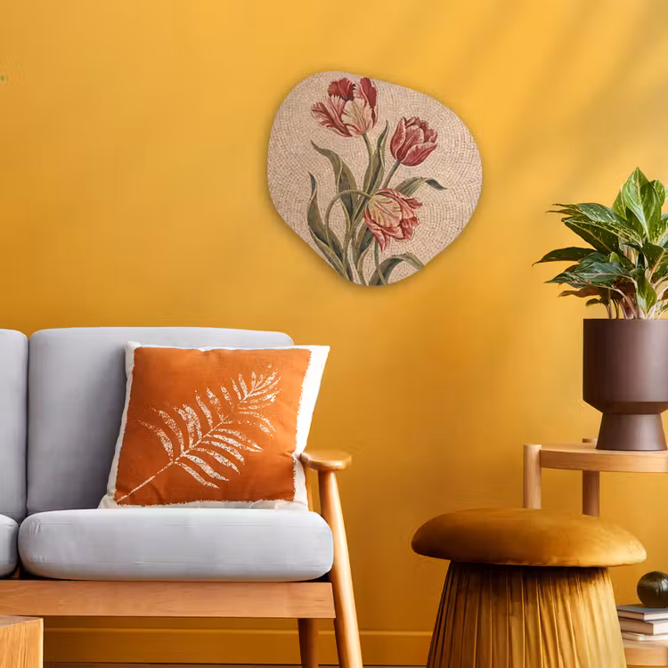 Bloemen - Mozaïek - Rood - Groen - Kunst Wandcirkel Organisch Forex 3mm klein -sfeer4