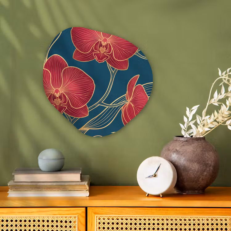 Forexbild Organische Form - Blumen – Rot – Gold - Bloemen - Rood - Goud Wandcirkel Organisch Forex 3mm klein