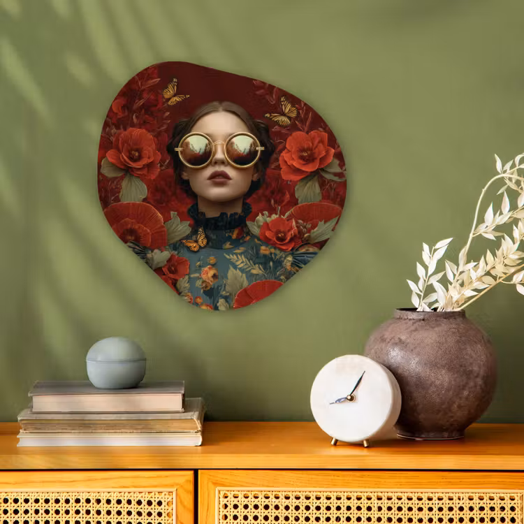 Bloemen - Dieprood - Zonnebril - Vrouw Wandcirkel Organisch Forex 3mm klein -sfeer2