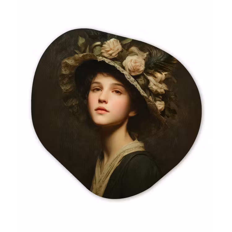 Bloemenhoed - Portret - Vrouw Wandcirkel Organisch Forex 3mm klein -3d