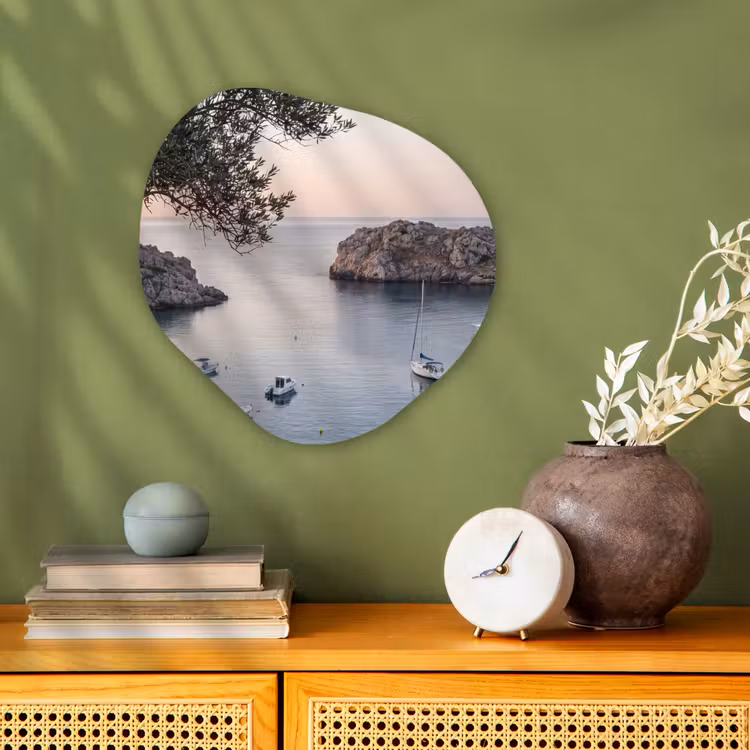Forexbild Organische Form - Bucht – Boote – Sonnenuntergang - Baai - boten - zonsondergang Wandcirkel Organisch Forex 3mm klein