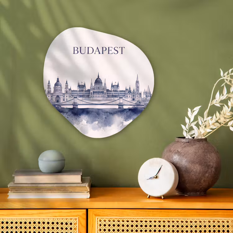 Boedapest - Skyline - Architectuur - Aquarel - Blauw Wandcirkel Organisch Forex 3mm klein -sfeer2