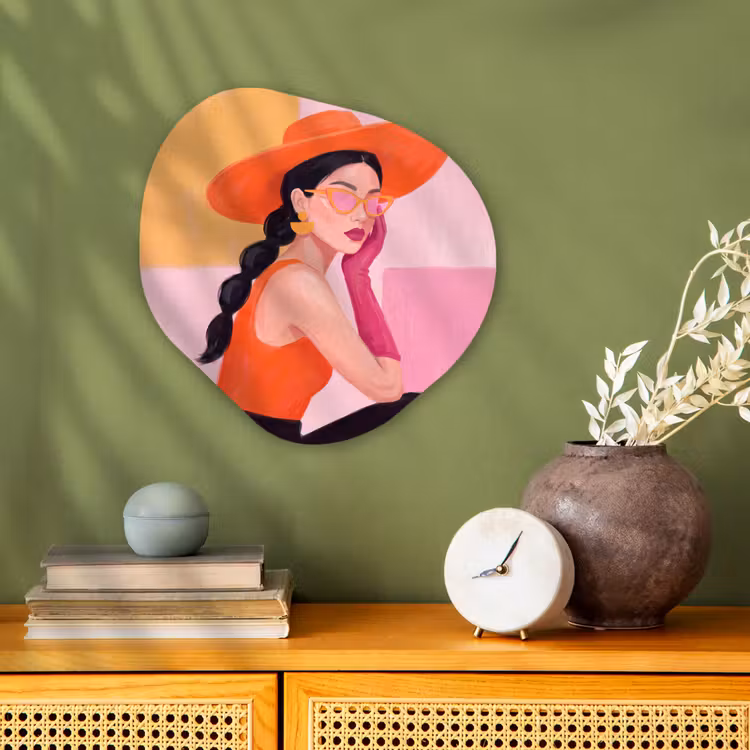 Vrouw - Hoed - Mode - Modern - Oranje Wandcirkel Organisch Forex 3mm klein -sfeer2
