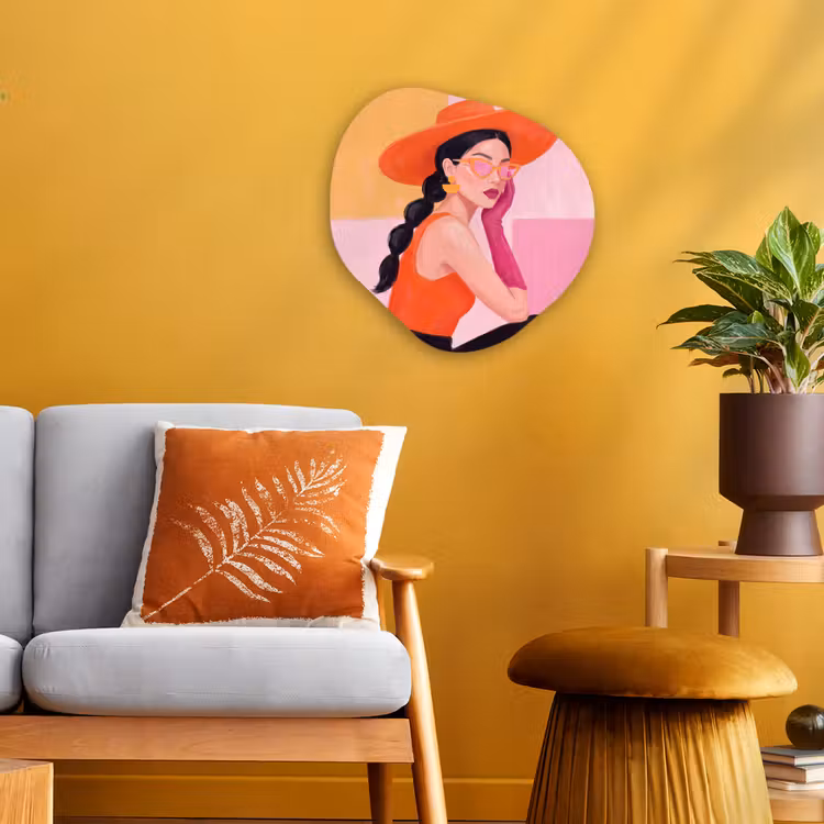 Vrouw - Hoed - Mode - Modern - Oranje Wandcirkel Organisch Forex 3mm klein -sfeer4