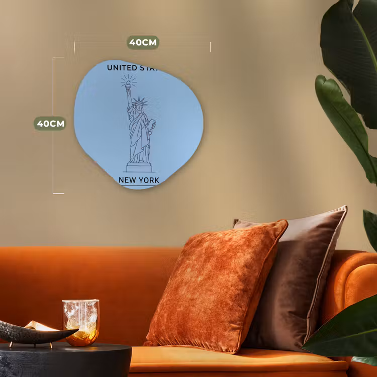 Monument - Vrijheidsbeeld - New York - Minimalistisch - Blauw Wandcirkel Organisch Forex 3mm klein -sfeer3