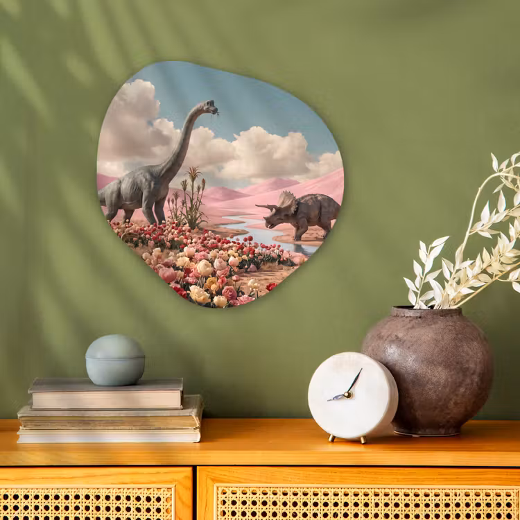 Forexbild Organische Form - Dinosaurier – Rosa – Landschaft - Dinosaurus - Roze - Landschap Wandcirkel Organisch Forex 3mm klein