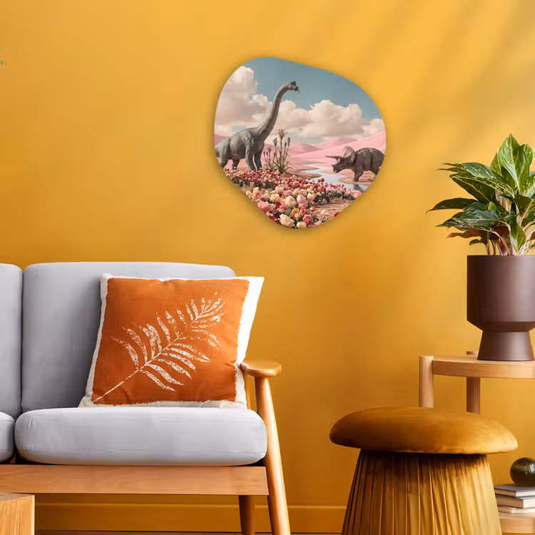 Forexbild Organische Form - Dinosaurier – Rosa – Landschaft - Dinosaurus - Roze - Landschap Wandcirkel Organisch Forex 3mm klein