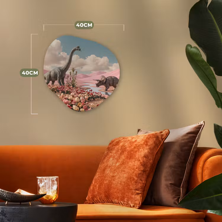 Forexbild Organische Form - Dinosaurier – Rosa – Landschaft - Dinosaurus - Roze - Landschap Wandcirkel Organisch Forex 3mm klein