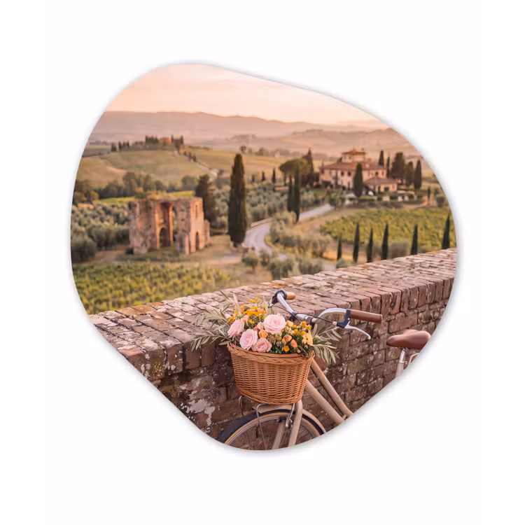 Fiets - Bloemen - Toscane - Landschap - Roze Wandcirkel Organisch Forex 3mm klein -3d