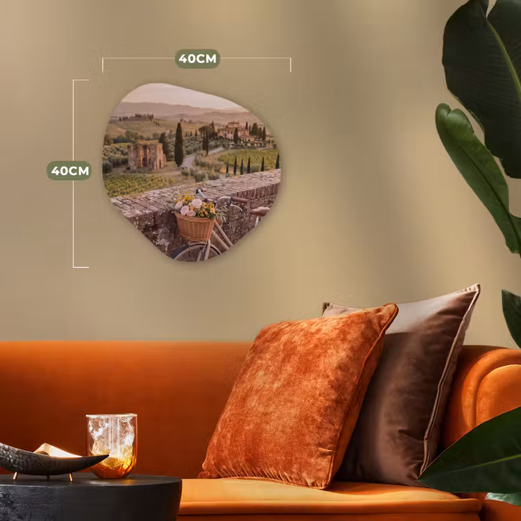 Fiets - Bloemen - Toscane - Landschap - Roze Wandcirkel Organisch Forex 3mm klein -sfeer3