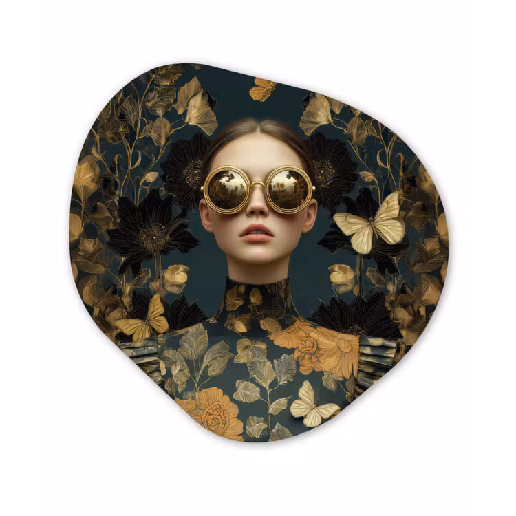 Vrouw - Bladeren - Goud - Vlinders Wandcirkel Organisch Forex 3mm klein -3d