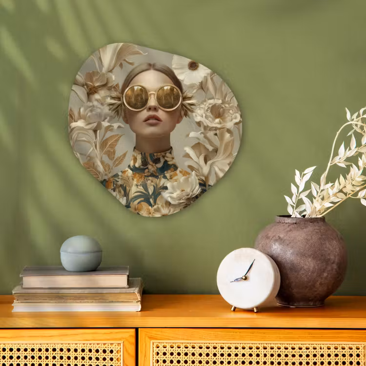 Vrouw - Bloemen - Zonnebril - Wit Wandcirkel Organisch Forex 3mm klein -sfeer2