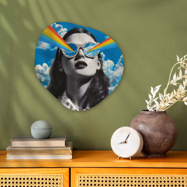 Vrouw - Bril - Regenboog - Wolken Wandcirkel Organisch Forex 3mm klein -sfeer2