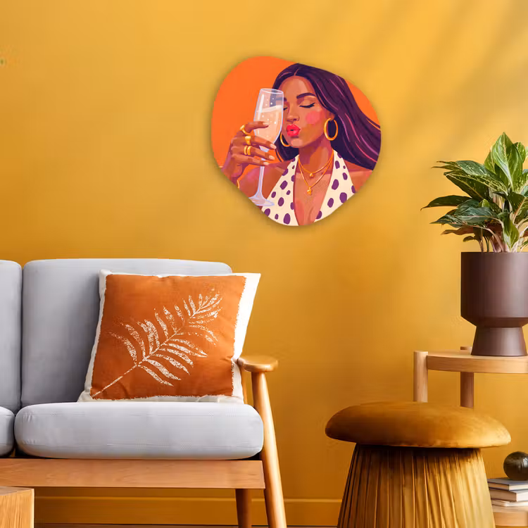 Vrouw - Champagne - Feest - Modern - Oranje Wandcirkel Organisch Forex 3mm klein -sfeer4