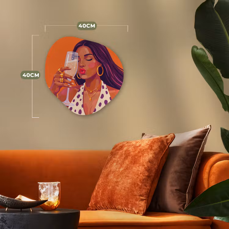 Vrouw - Champagne - Feest - Modern - Oranje Wandcirkel Organisch Forex 3mm klein -sfeer3
