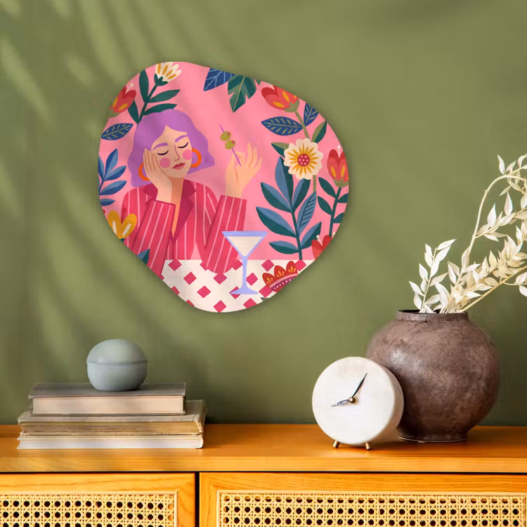 Vrouw - Cocktail - Bloemen - Modern - Roze Wandcirkel Organisch Forex 3mm klein -sfeer2