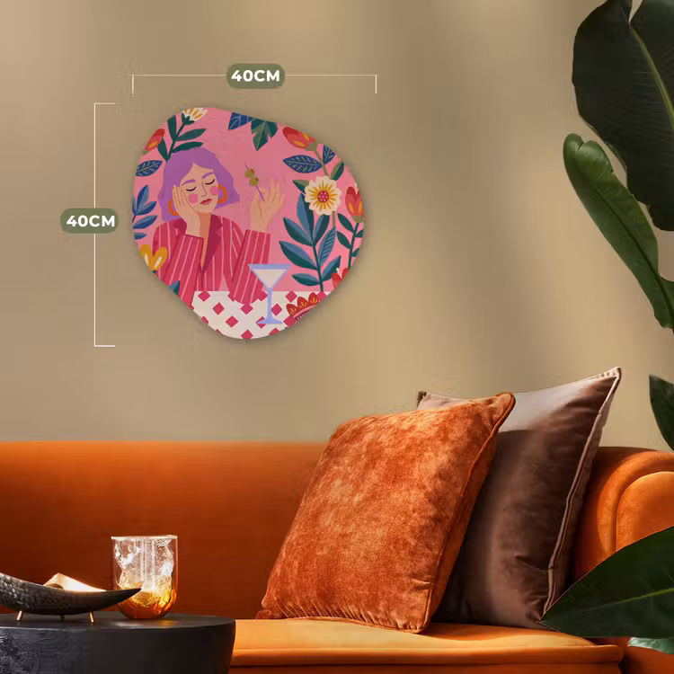 Vrouw - Cocktail - Bloemen - Modern - Roze Wandcirkel Organisch Forex 3mm klein -sfeer3