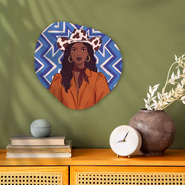 Vrouw - Cowboyhoed - Portret - Modern - Blauw Wandcirkel Organisch Forex 3mm klein -sfeer2