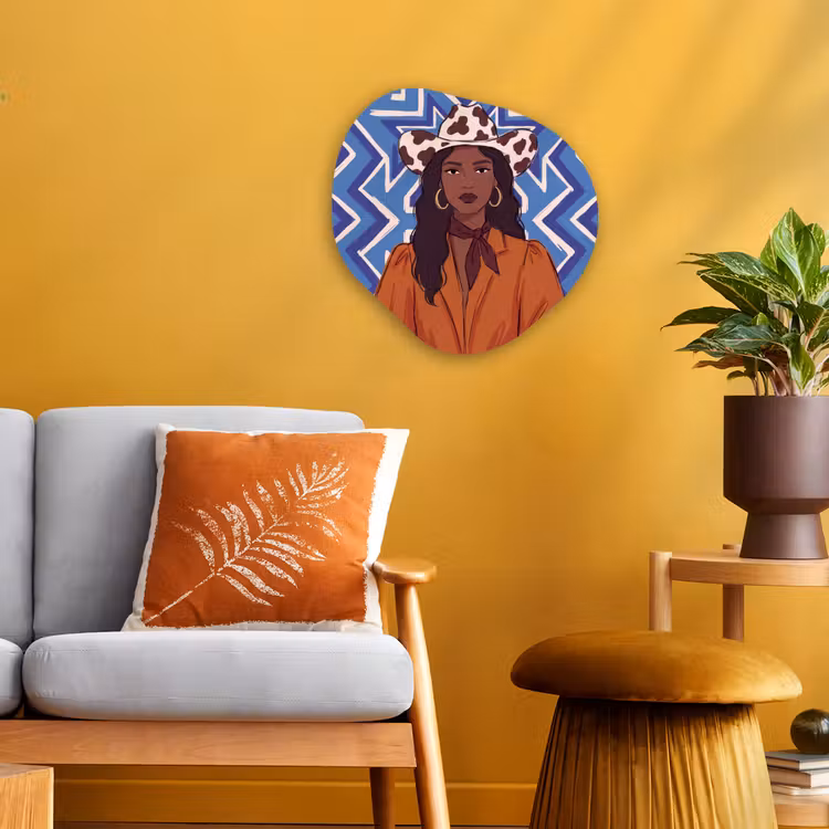 Vrouw - Cowboyhoed - Portret - Modern - Blauw Wandcirkel Organisch Forex 3mm klein -sfeer4