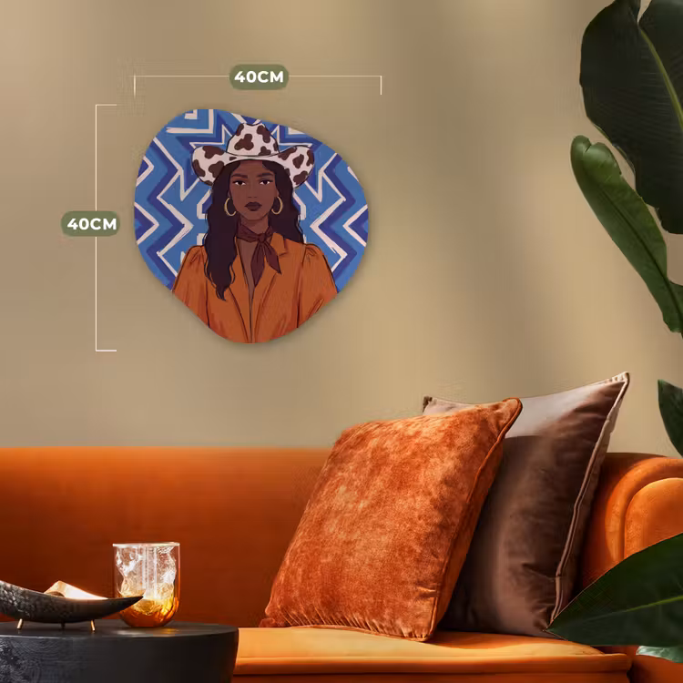 Vrouw - Cowboyhoed - Portret - Modern - Blauw Wandcirkel Organisch Forex 3mm klein -sfeer3