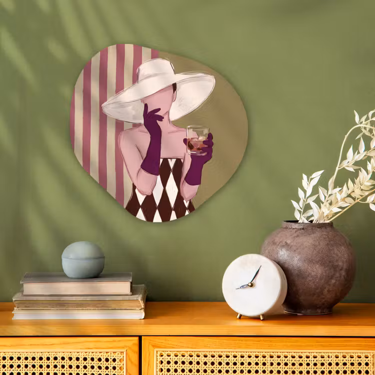 Vrouw - Hoed - Mode - Abstract - Kleurrijk Wandcirkel Organisch Forex 3mm klein -sfeer2