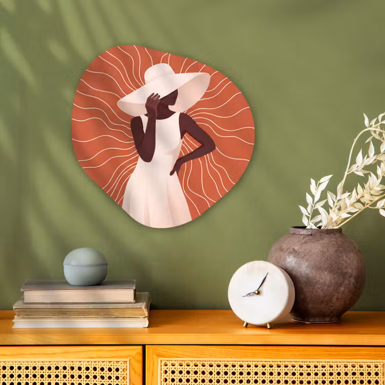 Vrouw - Hoed - Portret - Modern - Beige Wandcirkel Organisch Forex 3mm klein -sfeer2
