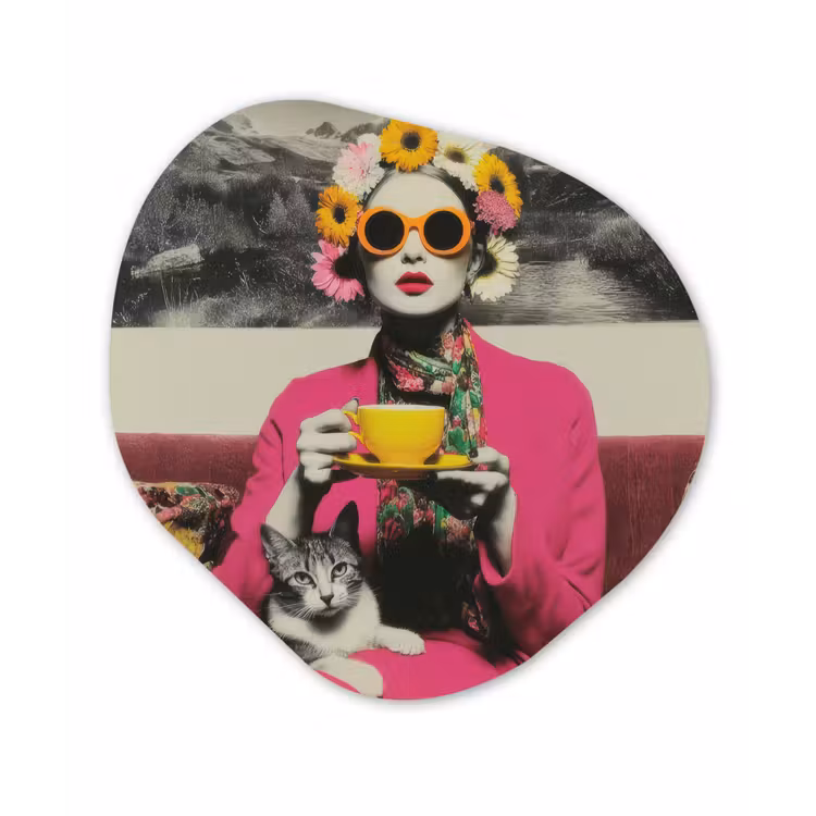 Vrouw - Kat - Bloemen - Kopje - Retro Wandcirkel Organisch Forex 3mm klein -3d