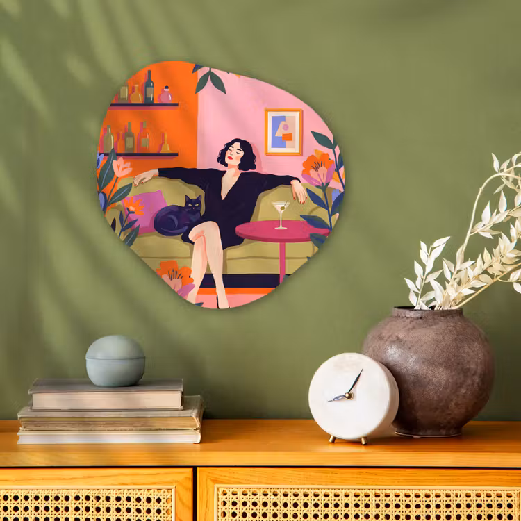 Vrouw - Kat - Interieur - Modern - Kleurrijk Wandcirkel Organisch Forex 3mm klein -sfeer2