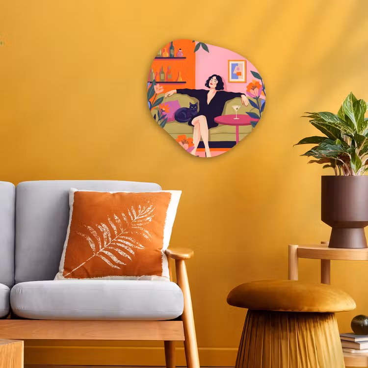 Vrouw - Kat - Interieur - Modern - Kleurrijk Wandcirkel Organisch Forex 3mm klein -sfeer4
