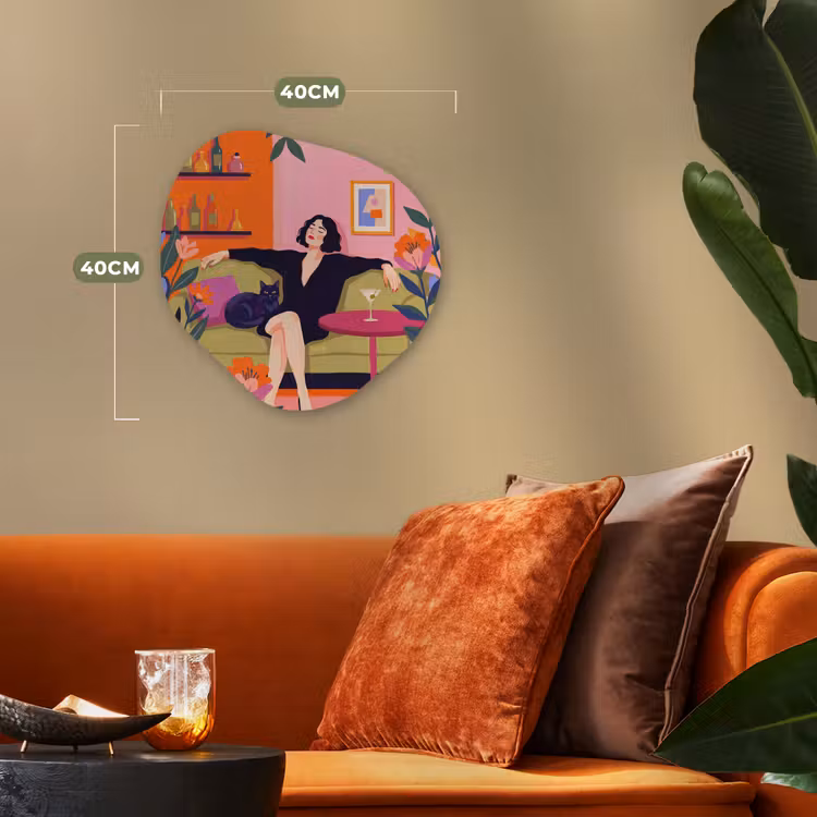 Vrouw - Kat - Interieur - Modern - Kleurrijk Wandcirkel Organisch Forex 3mm klein -sfeer3
