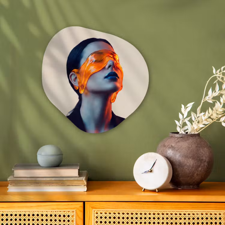 Vrouw - Oranje - Abstract - Modern - Kleurrijk Wandcirkel Organisch Forex 3mm klein -sfeer2
