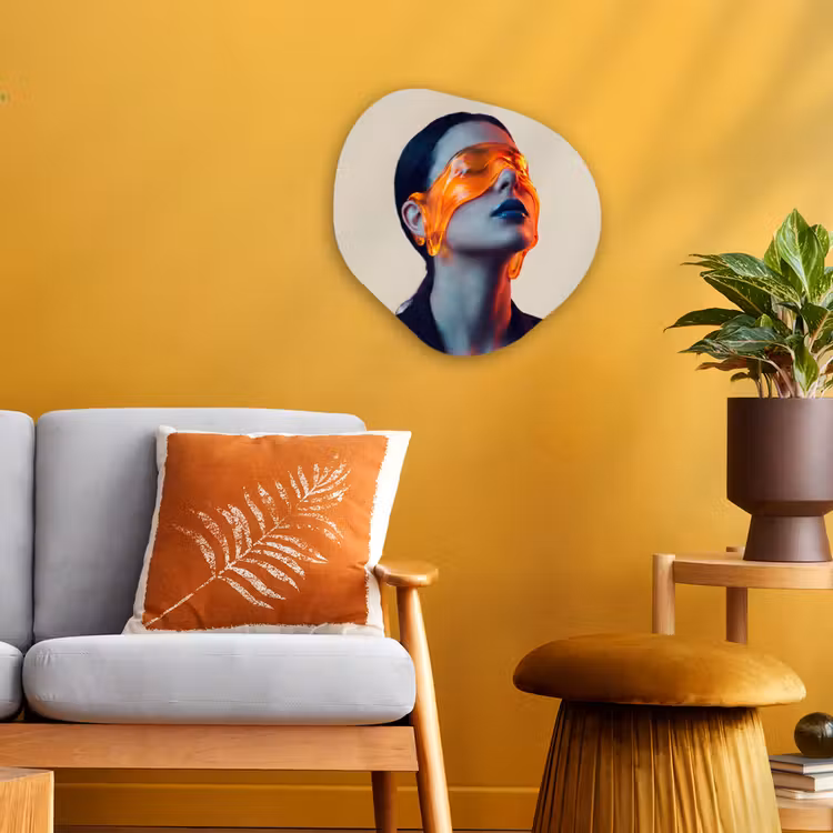 Vrouw - Oranje - Abstract - Modern - Kleurrijk Wandcirkel Organisch Forex 3mm klein -sfeer4