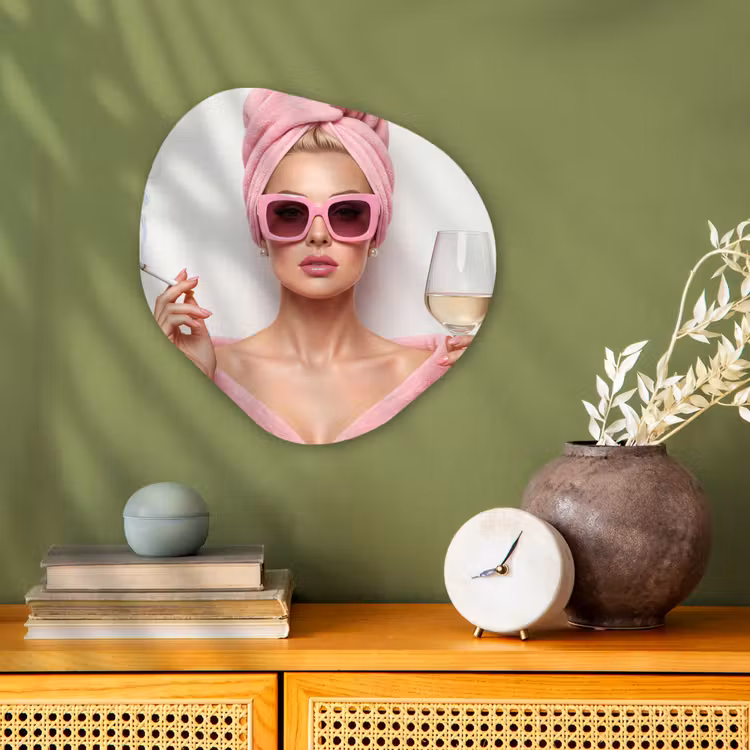 Vrouw - Roze - Wijn - Zonnebril Wandcirkel Organisch Forex 3mm klein -sfeer2