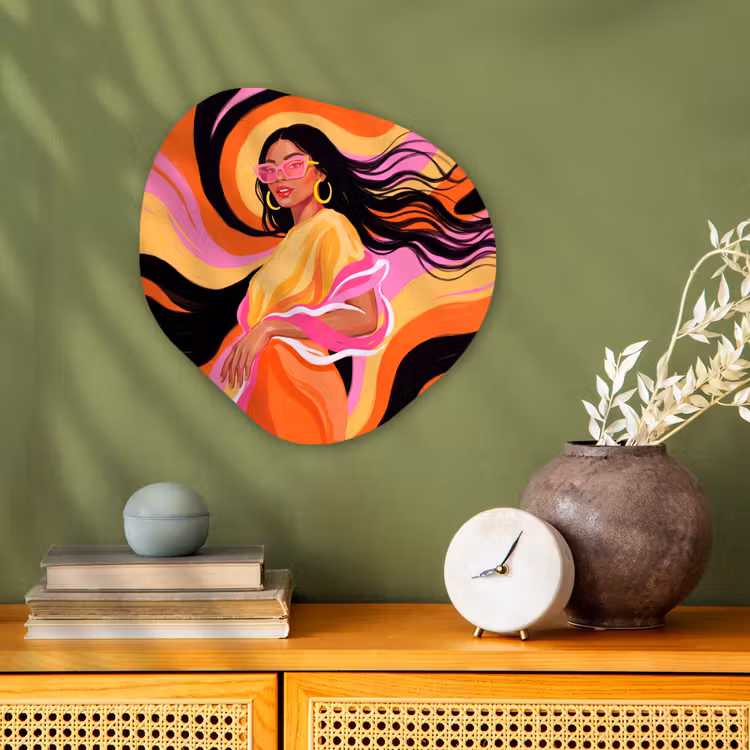 Vrouw - Zonnebril - Abstract - Kleurrijk Wandcirkel Organisch Forex 3mm klein -sfeer2