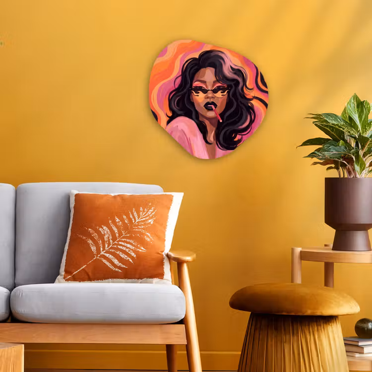 Vrouw - Zonnebril - Modern - Portret - Oranje Wandcirkel Organisch Forex 3mm klein -sfeer4