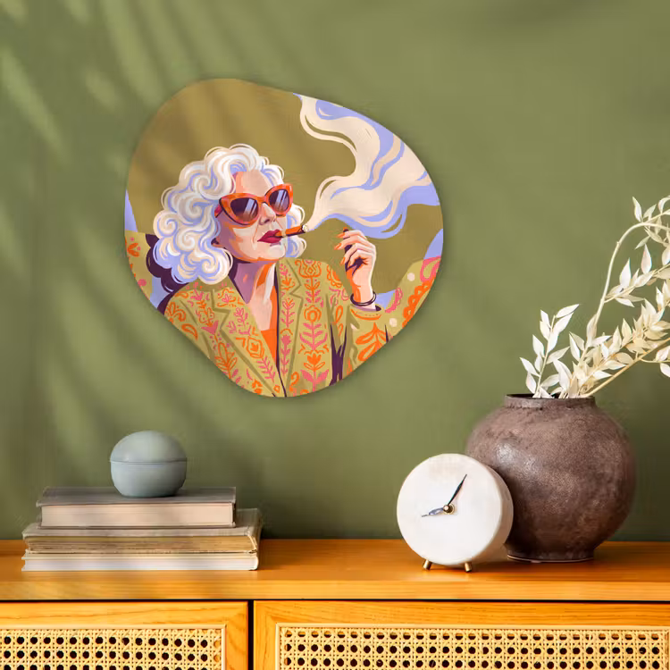 Vrouw - Zonnebril - Portret - Modern - Kleurrijk Wandcirkel Organisch Forex 3mm klein -sfeer2