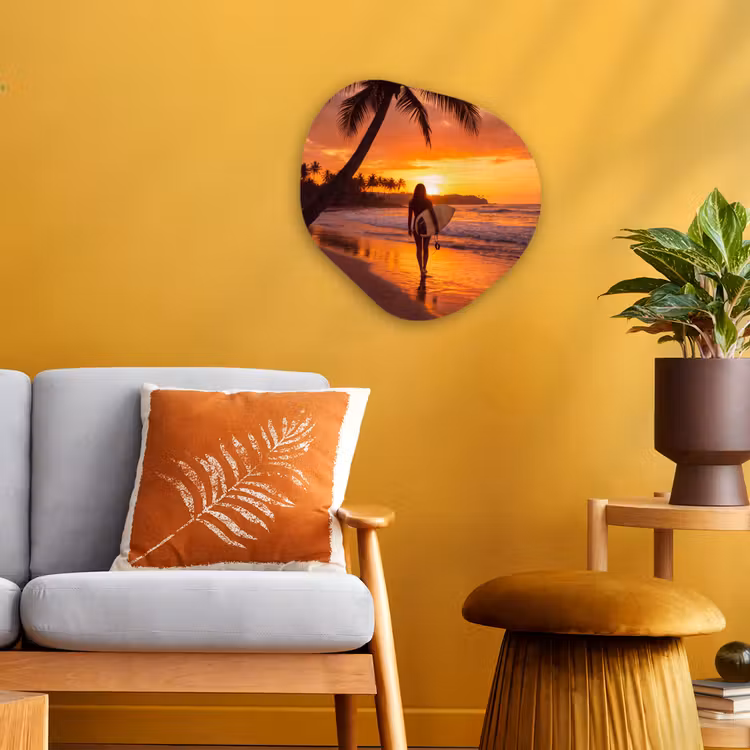 Vrouw - Surfplank - Strand - Zonsondergang - Oranje Wandcirkel Organisch Forex 3mm klein -sfeer4