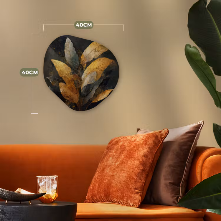 Gouden Bladcompositie – Botanische Luxe Wandcirkel Organisch Forex 3mm klein -sfeer3