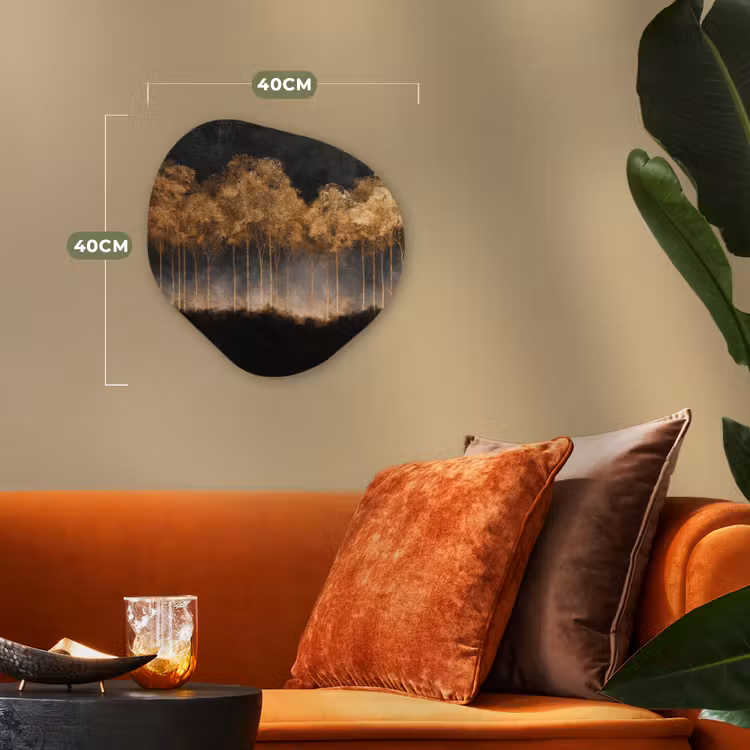 Gouden Bomen in Mistig Landschap Wandcirkel Organisch Forex 3mm klein -sfeer3