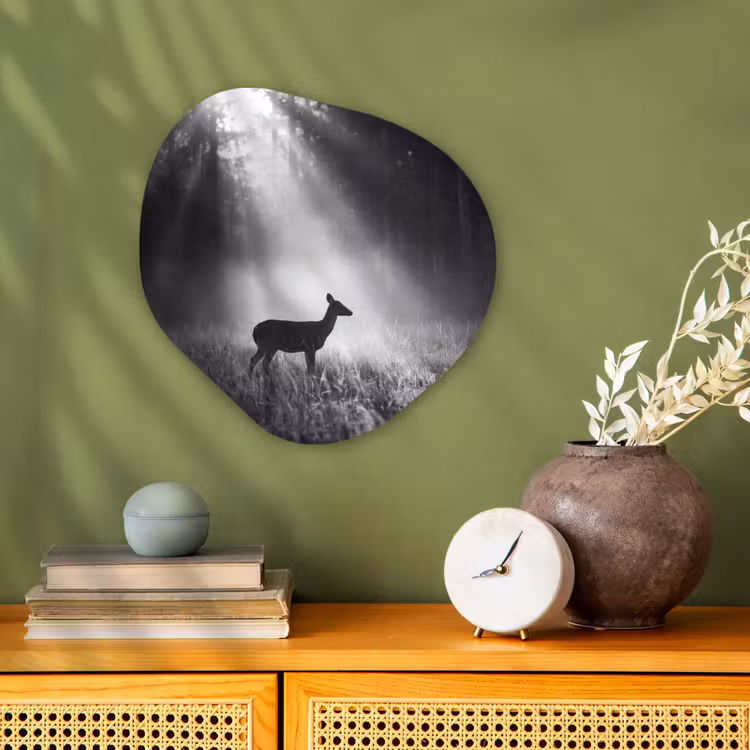 Hert - Bos - Zonnestralen - Zwart-wit - Natuur Wandcirkel Organisch Forex 3mm klein -sfeer2